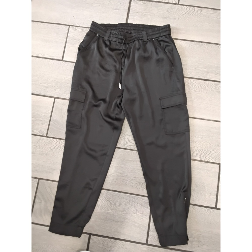 WHBM WKND The Jogger Black Satin‎ Cargo Pants Womens Size 10 Zipper Ankle Hem